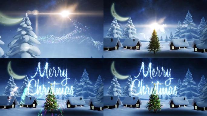 圣诞节季节的问候动画，带有房屋和月亮的冬季风景
