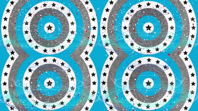在蓝色背景上旋转的圆圈上超过多个星星的圆形扫描仪的数字动画