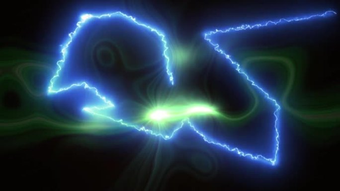 黑色背景上发光的蓝色闪电在绿色液体光上闪烁的动画