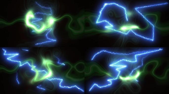 黑色背景上发光的蓝色闪电在绿色液体光上闪烁的动画
