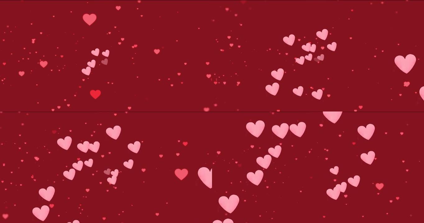 红色背景上漂浮的粉红色心形图标的动画