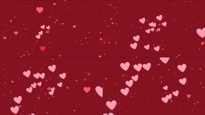 红色背景上漂浮的粉红色心形图标的动画