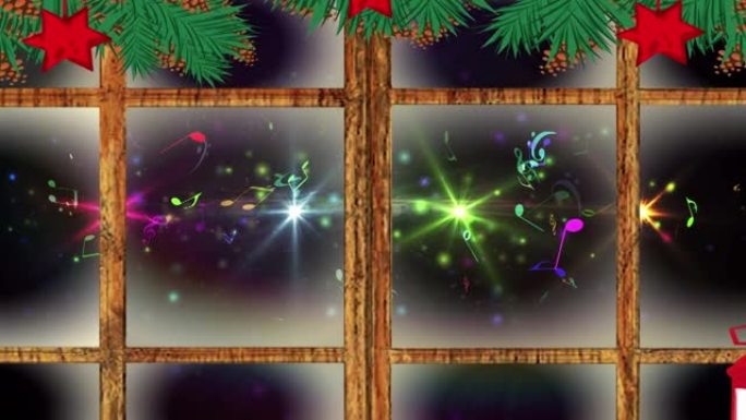 圣诞灯，装饰品和木制窗框在黑色背景上的彩色光斑上