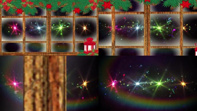圣诞灯，装饰品和木制窗框在黑色背景上的彩色光斑上