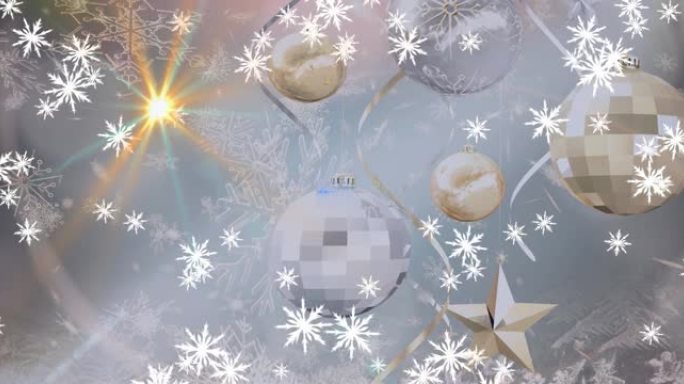 在明亮的背景下，圣诞节的小玩意上飘着雪的动画