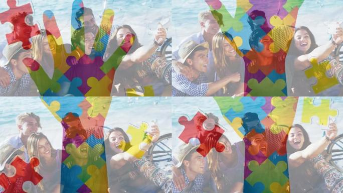 彩色拼图动画在夏季海滩派对上交出快乐的朋友