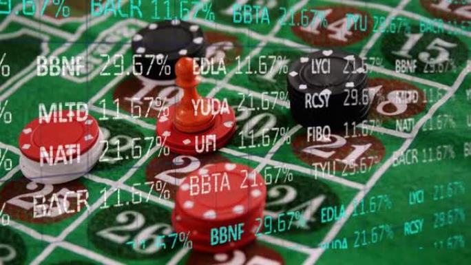 船上赌场游戏筹码堆上的金融数据处理动画