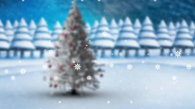 雪花飘落在圣诞树冬季景观上的动画