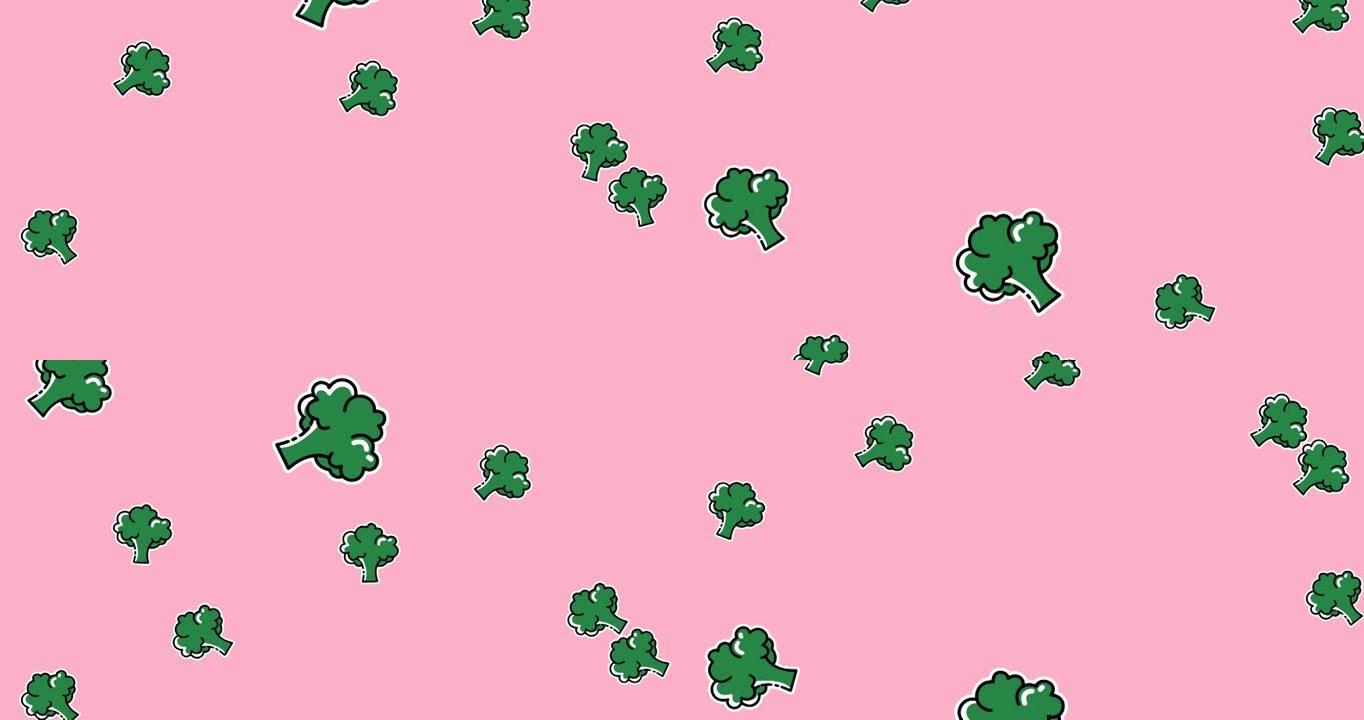 绿色西兰花落在淡粉色背景上的动画