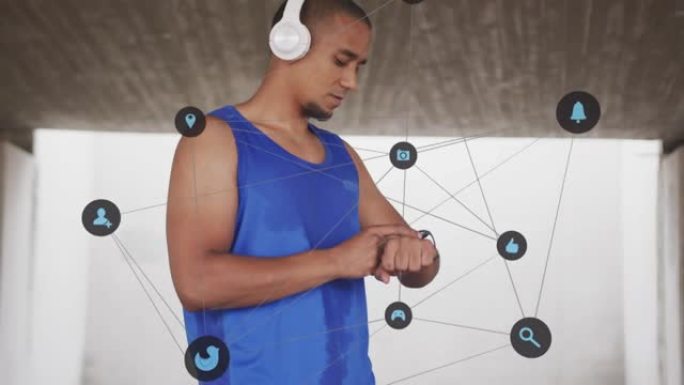 使用智能手表和耳机锻炼的男运动员的网络媒体图标动画