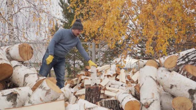 准备在俄罗斯村庄过冬。一个穿着蓝色毛衣和带绒球的温暖帽子的大胡子男人正在用大斧砍桦木。