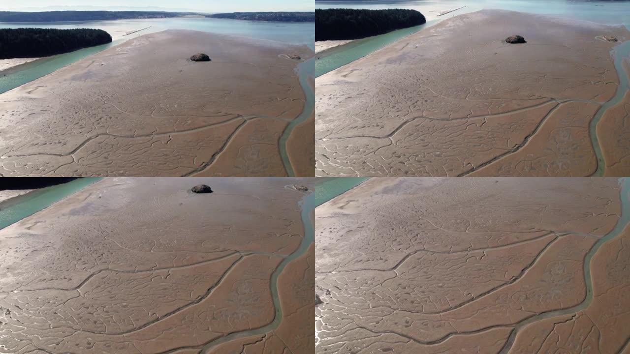 无人机俯瞰海洋泥滩中独特的潮汐通道纹理