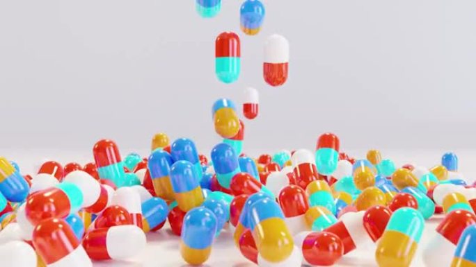逼真的3d不同颜色的药物，彩色胶囊，止痛药，抗生素，维生素和阿司匹林。药房和药物，药物剂量治疗，3d