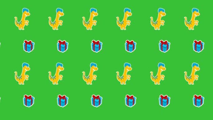 绿色背景上带有蓝色礼物的黄色蜥蜴恐龙动画-动画
