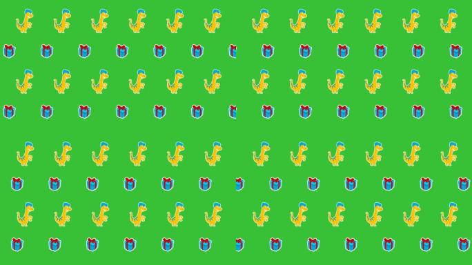 绿色背景上带有蓝色礼物的黄色蜥蜴恐龙动画-动画