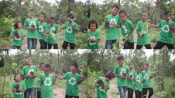 一群环境志愿者在森林里种树。地球日。