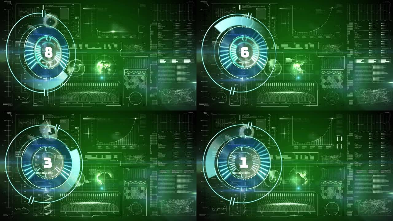 绿色背景上的范围扫描和数据处理动画