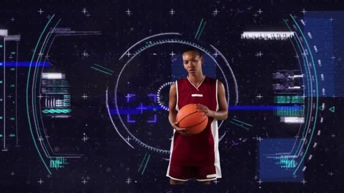 黑色背景上的非裔美国女子篮球运动员超范围扫描动画