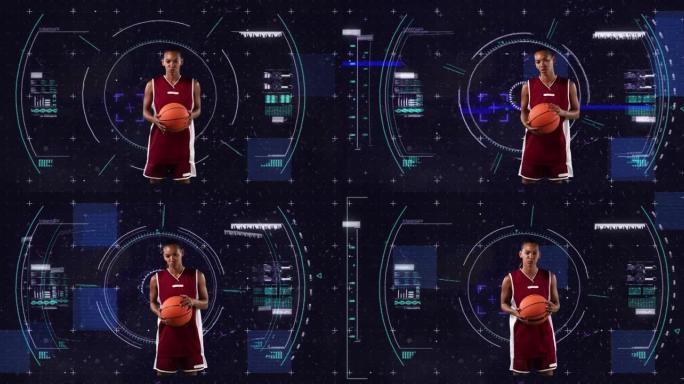 黑色背景上的非裔美国女子篮球运动员超范围扫描动画