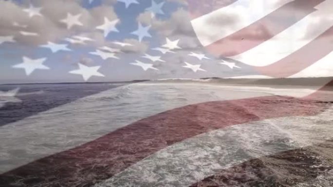 在海中波浪的鸟瞰图中挥舞美国国旗的数字构图
