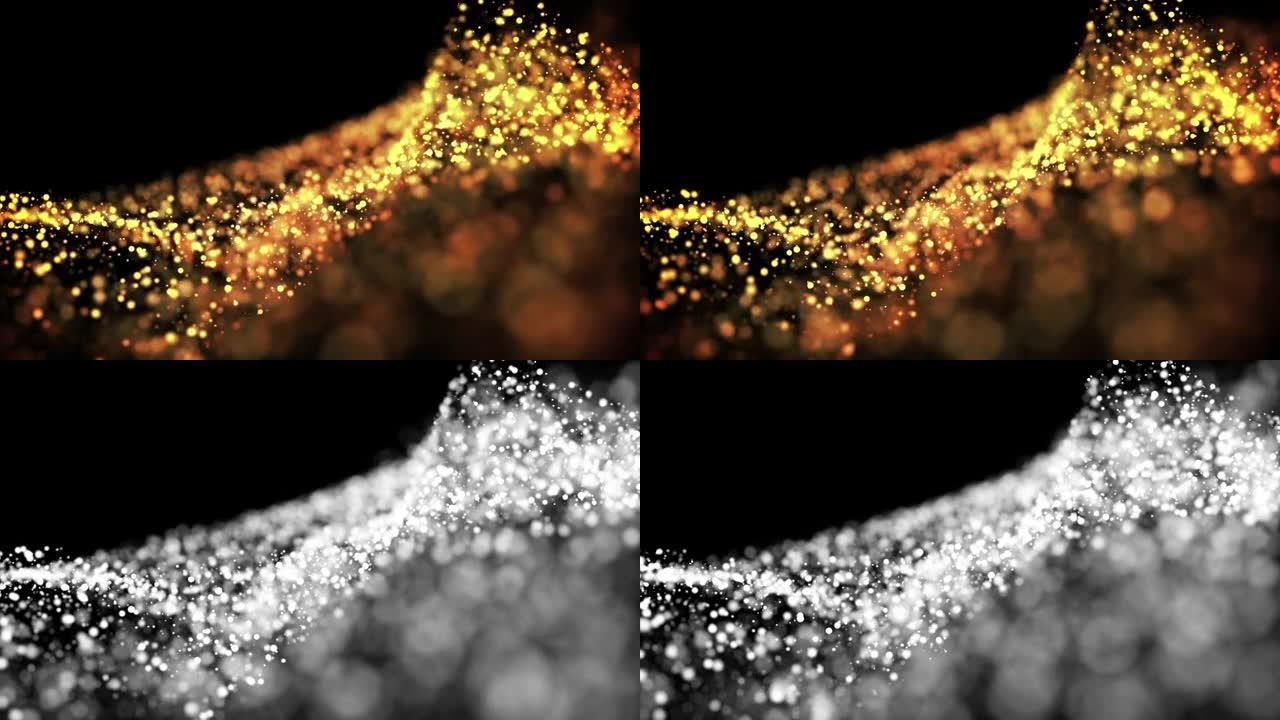 金发光颗粒在粘性液体和明亮的闪闪发光中流动。科幻小说。4k 3d科幻背景，具有闪闪发光的粒子、景深和