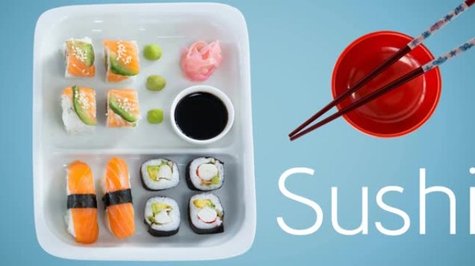 蓝色背景上的寿司和寿司盘的动画