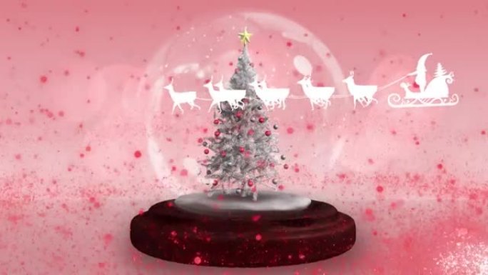 圣诞老人在雪橇上的动画与驯鹿在雪球上的红色背景