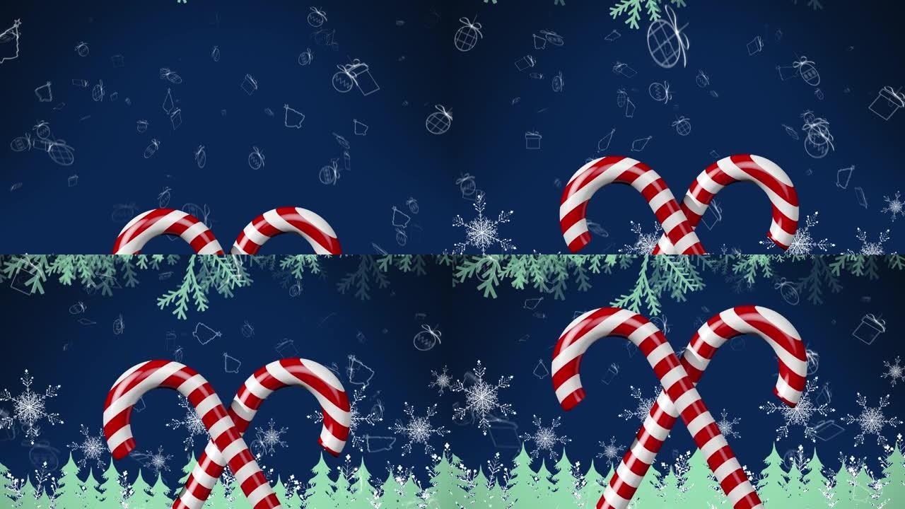 蓝色背景上圣诞节风景上的糖果棒动画
