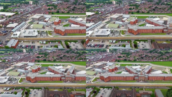 英国西约克郡韦克菲尔德镇中心的航拍画面显示了女王陛下监狱的主要建筑和墙壁