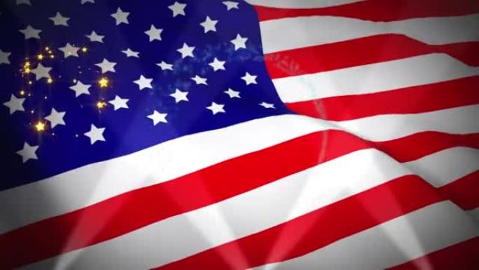 数字动画烟花爆炸在挥舞美国国旗在黑色背景