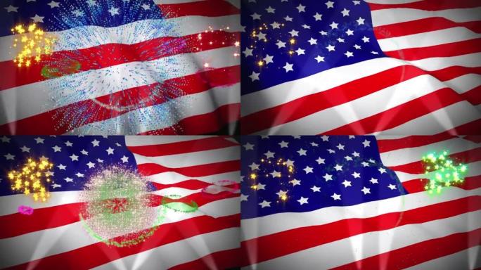 数字动画烟花爆炸在挥舞美国国旗在黑色背景