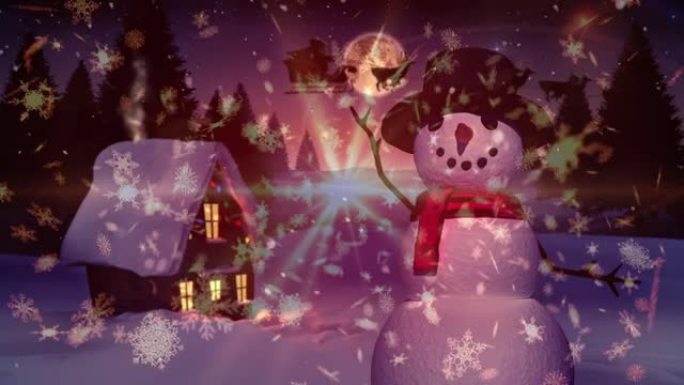 雪人与雪人的圣诞老人的冬季风景动画