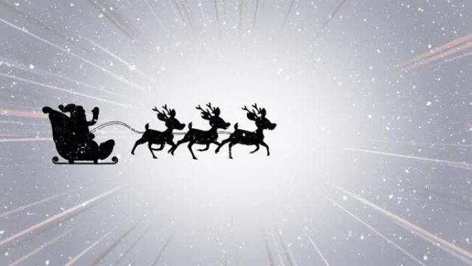 雪落在雪橇上的圣诞老人上，被驯鹿和灰色背景上的小径拉