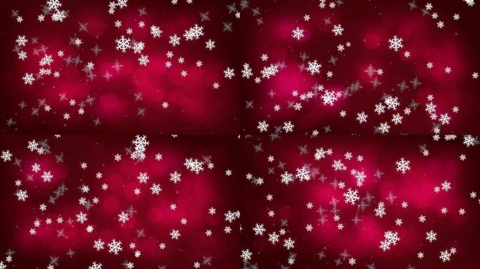 红色背景上的红色圣诞光点上的雪掉落动画