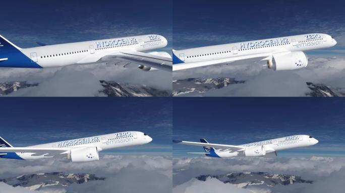 蓝色充满氢的H2飞机在天空中飞行-未来H2能源概念。