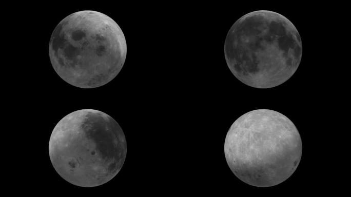 以不同的相位旋转月亮，并带有细节表面。飞往月球的镜头与复制空间和黑色的巨大过渡。3D动画