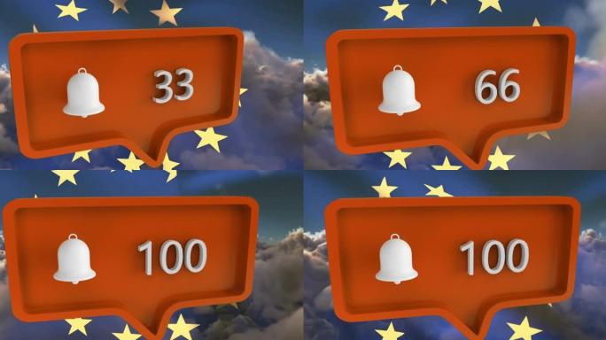 带有欧盟国旗的语音气泡上数字的警报图标动画