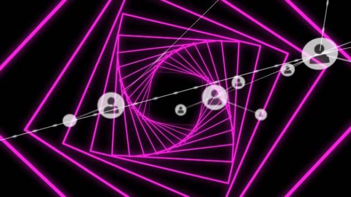 黑色背景上的霓虹粉色发光六边形隧道的轮廓图标网络