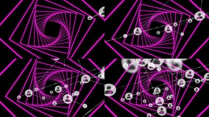 黑色背景上的霓虹粉色发光六边形隧道的轮廓图标网络