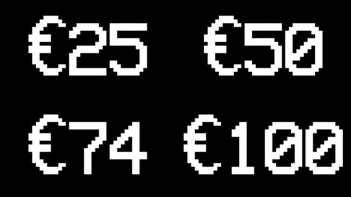 黑色背景欧元从0上升到100-数字计数器数字0-100-以百分比加载进度条-0-100 €-从100