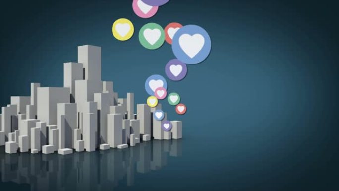 3d城市景观上的社交媒体爱心图标动画