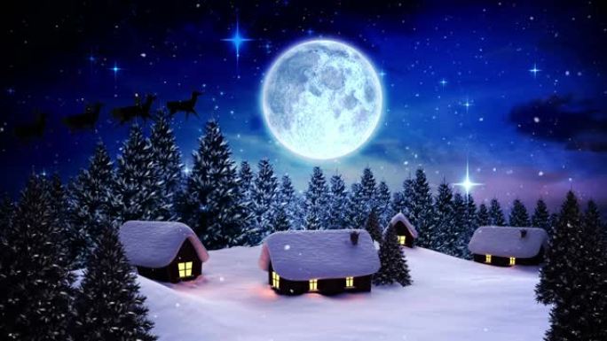 圣诞老人在雪橇上的动画与驯鹿，降雪，冬季景观和月亮