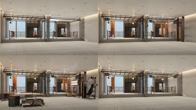 建立室内空间拳击环拳击馆，配备阁楼风格的设备训练和地毯地板3d渲染定格动画