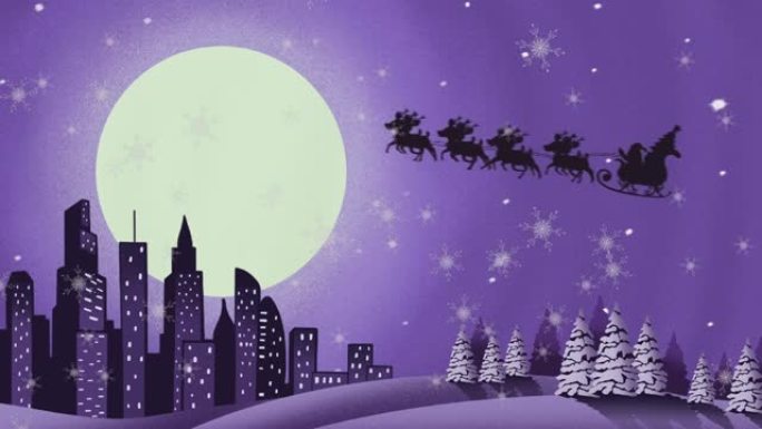 圣诞老人在雪橇上的动画与驯鹿在下雪和紫色背景上的月亮