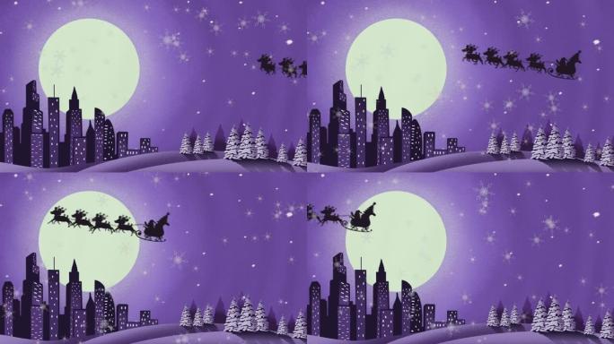 圣诞老人在雪橇上的动画与驯鹿在下雪和紫色背景上的月亮