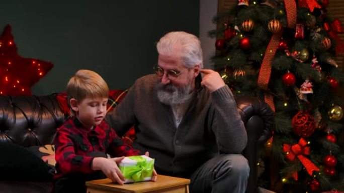 穿着节日红色格子衬衫的小男孩正在摇晃礼品盒，期待惊喜。祖父和孙子坐在靠近发光圣诞树的装饰房间的沙发上