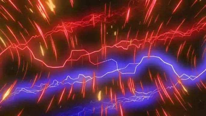 红色和紫色电流在黑暗背景上移动的红色和黄色灯光上的动画