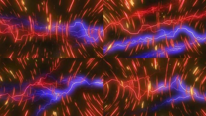 红色和紫色电流在黑暗背景上移动的红色和黄色灯光上的动画