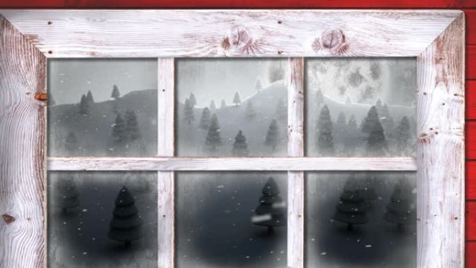 木制窗框抵御冬季景观上多棵树木上的积雪
