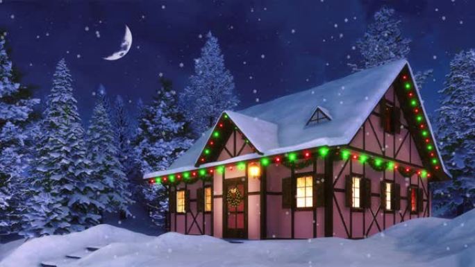 下雪的冬夜为圣诞节装饰的舒适乡村房屋